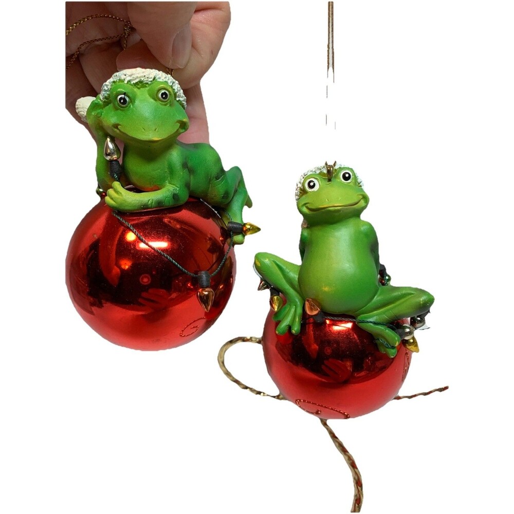 Frog Christmas Ornaments Red Green Santa Hat Holiday Decoration Set Of Two